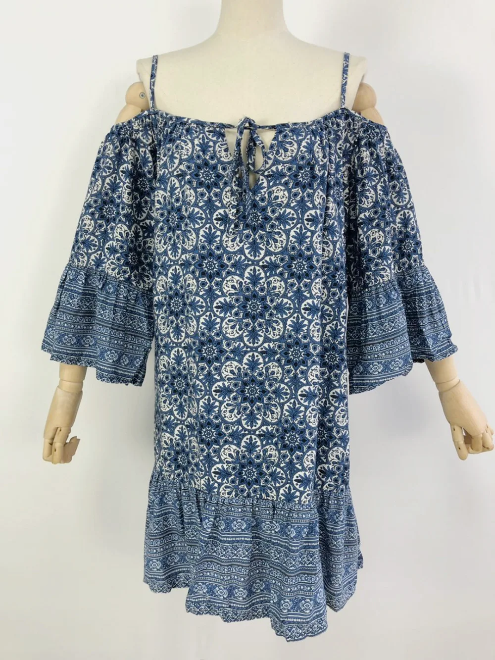 

New Short Sleeve Women's Tribal Print Cold Shoulder Casual Swing Boho Dresses