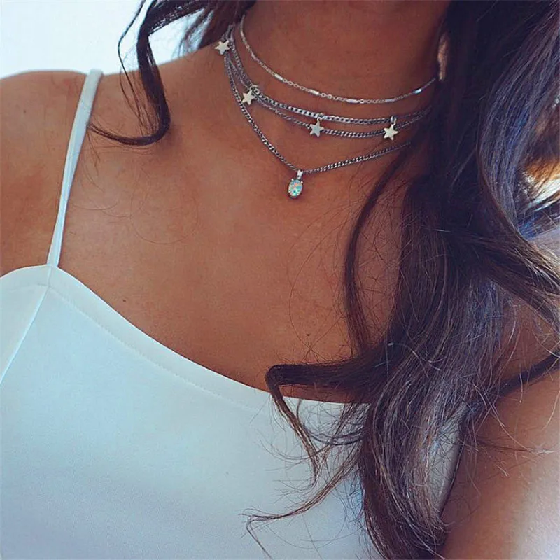 

Fashion Trendy New Five Pointe Star Pendant Multilayer Necklace for Women