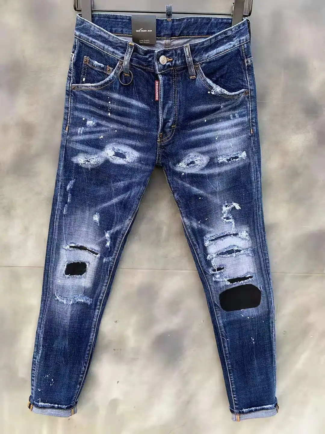 New DSQUARED2 Men's/Women's Ripped Jeans, Fashion Washed Frayed Patch, Paint Made Old Stretch Pants 005