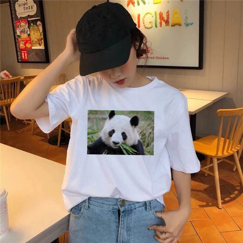 

Summer Short Sleeve O-neck Women Tops Tshirt Casual Tees Lady AestheticPanda Zoo Printing Women T shirt
