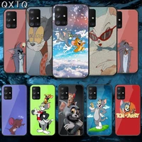 qxtq cat tom mouse jerrys tempered glass phone case bag cover for samsung galaxy a 10 12 20e 21 30 32 50 40 51 52 70 71 72 etui