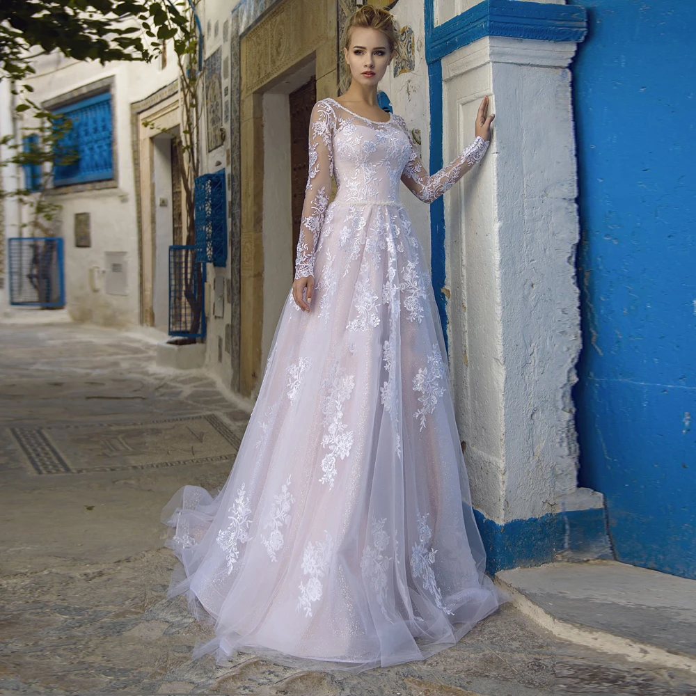 

A Line O-Neck Tulle Wedding Dress Long Sleeves Lace Appliques Lace Up Court Train Bridal Gowns 2021 Vestido De Noiva