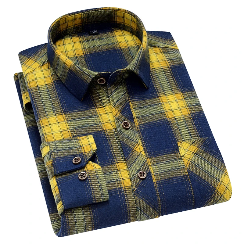 

Aoliwen men spring autumn 45% cotton Navy Yellow casual Plaid long sleeve shirt trend soft comfortable and breathable slim shirt
