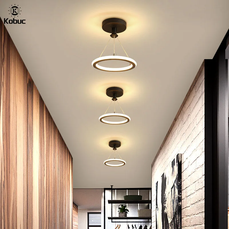 Kobuc Modern LED Ceiling Hanging Lamps 19W For Corridor Entrance Aisle Indoor Dia 20cm Ring Lighting Black Gold Pendant Lamp