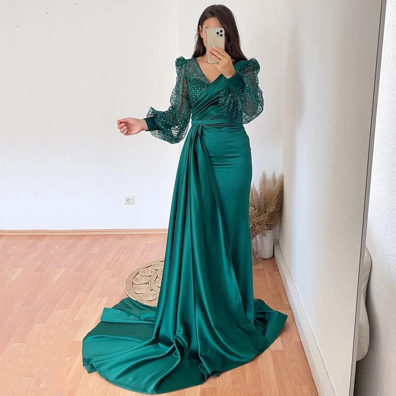 

Thinyfull Sexy Prom Evening Dresses Puff Sleeve Glitter Party Dress Floor Length Mermaid Cocktail Gowns Saudi Arabia Plus Size