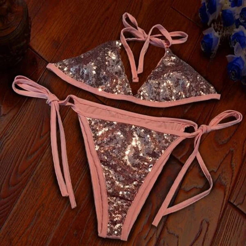 

Women Swimsuit V-Neck Halter Low Waist Bikini Set New 2pcs/set Sexy Halter Sequins Swimwear Bikini Set