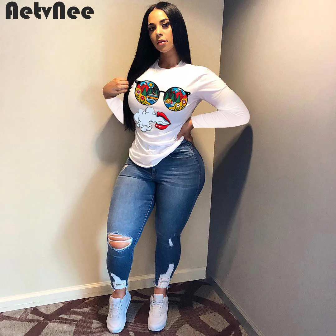 

Женская футболка с длинным рукавом, круглым вырезом и принтом