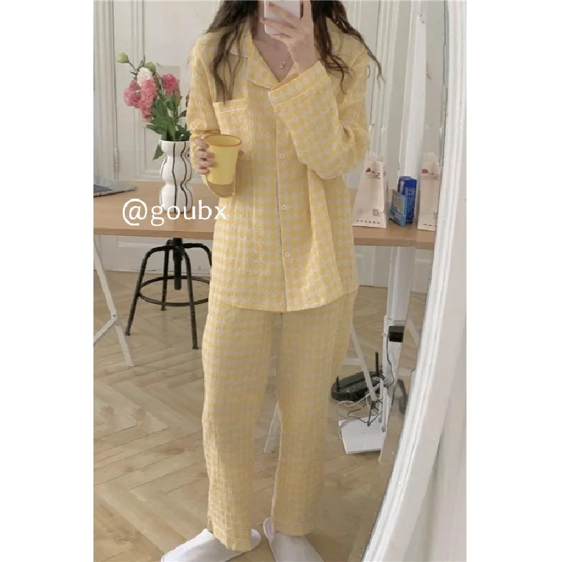 

2021new Autumn Rhombus Collar Comfortable Pajamas Suit Women's Soft Outerwear Homewear Two-Piece Suit Rac