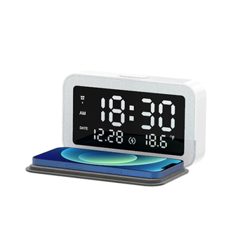 

New Mobile Wireless Chargers 15W Fast Charging LED Electric Alarm Clock Desktop Digital HD Thermometer Clock Charger