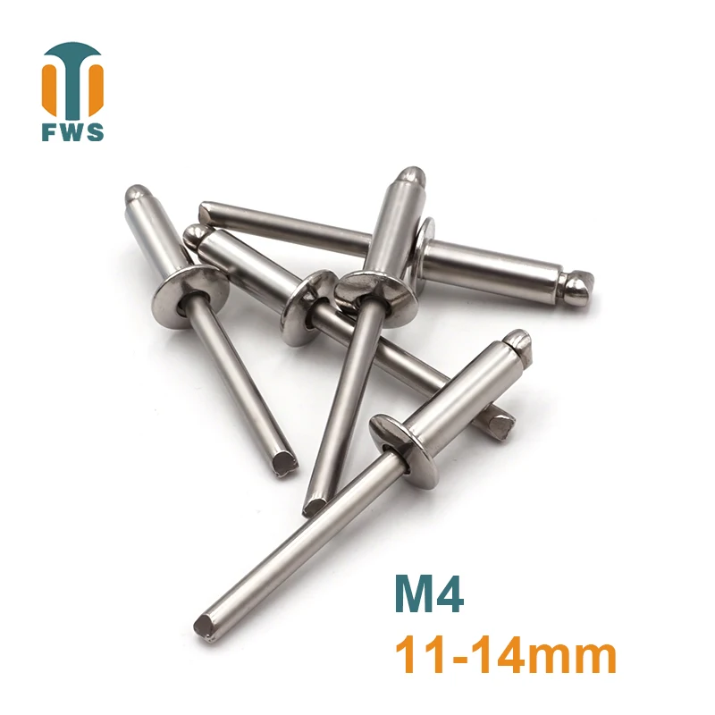 

10 PCS M4 11-14mm DIN EN ISO 15983 GB /T 12618.4 Stainless Steel Open End Blind Rivets Pop Rivets With Protruding Head