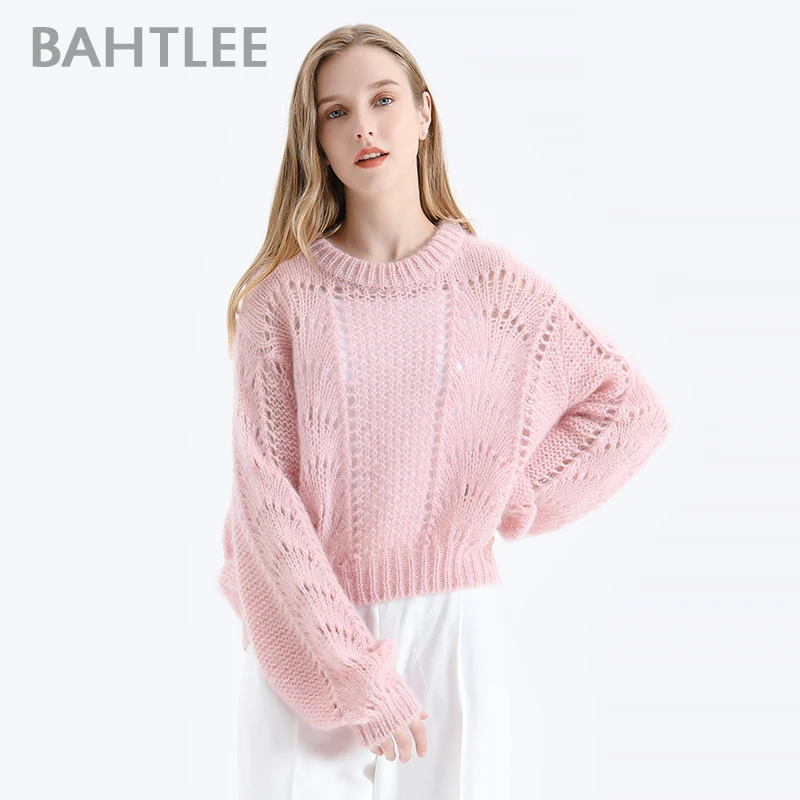 BAHTLEE Women Mohair Short Pullover Sweater Lantern Sleeves Autumn Winter Wool Knitted Jumper Loose Hollow out | Женская одежда