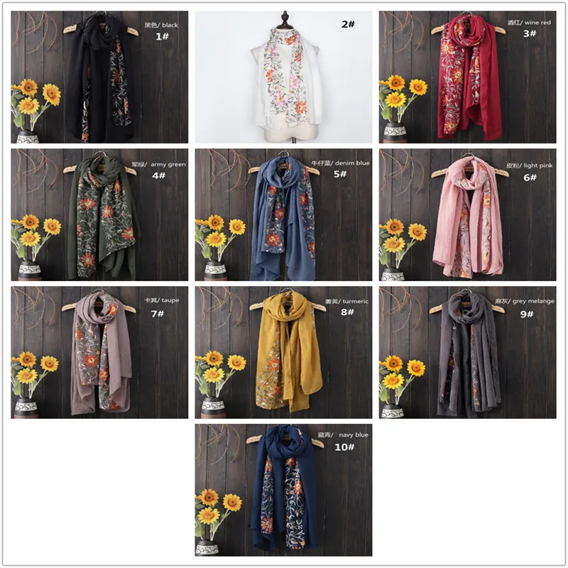 2019 простой вышитый шарф из вискозы с цветочным принтом шаль индийской банданы