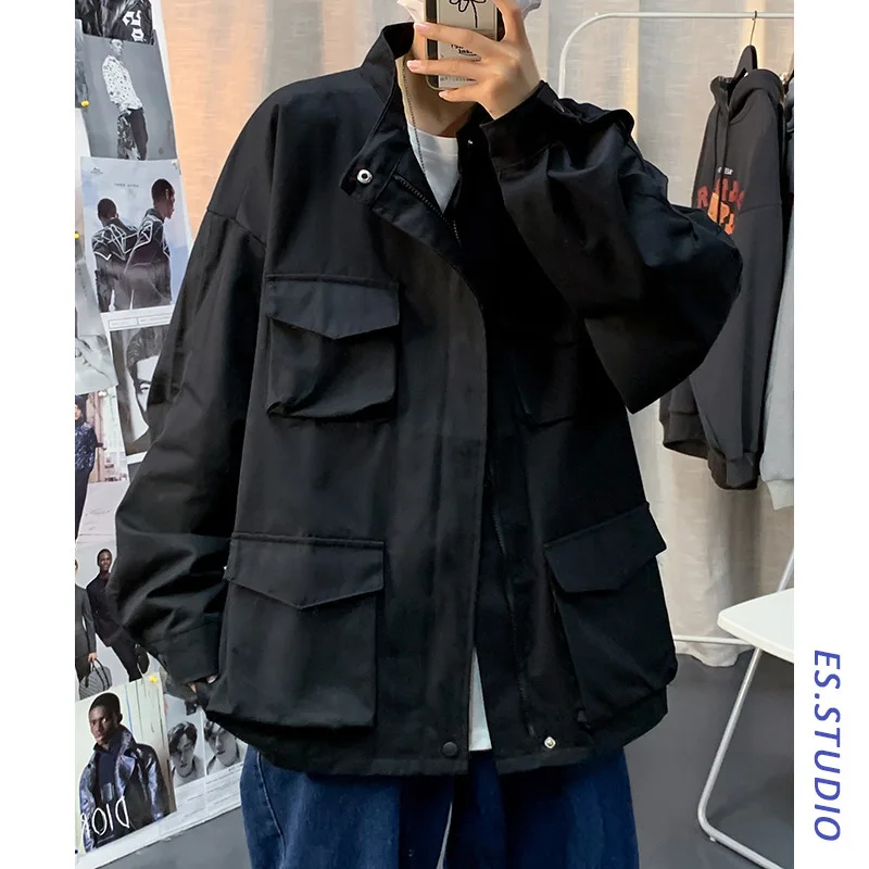 

Oversized Cargo Jacket Men Autumn Spring Coat Korean Style Outwear Solid Multi-pocket Loose Casual Men Hip Hop Streetwear Jacket