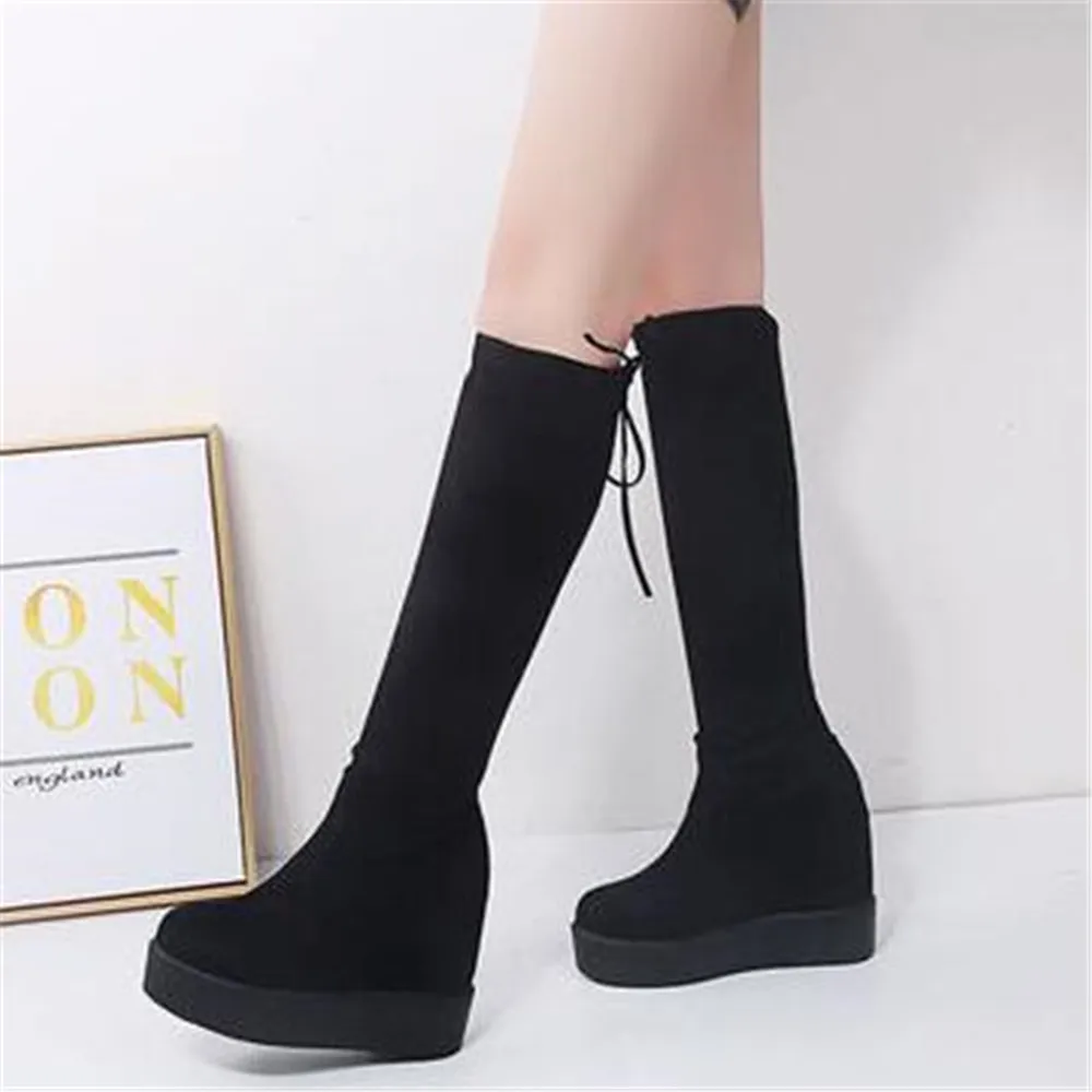 High Tube Boots Women 2022 New Flock Rear Lace Up Knight Booties Thick Bottom Shoes Inner Increase Elastic Fashion Boots Black