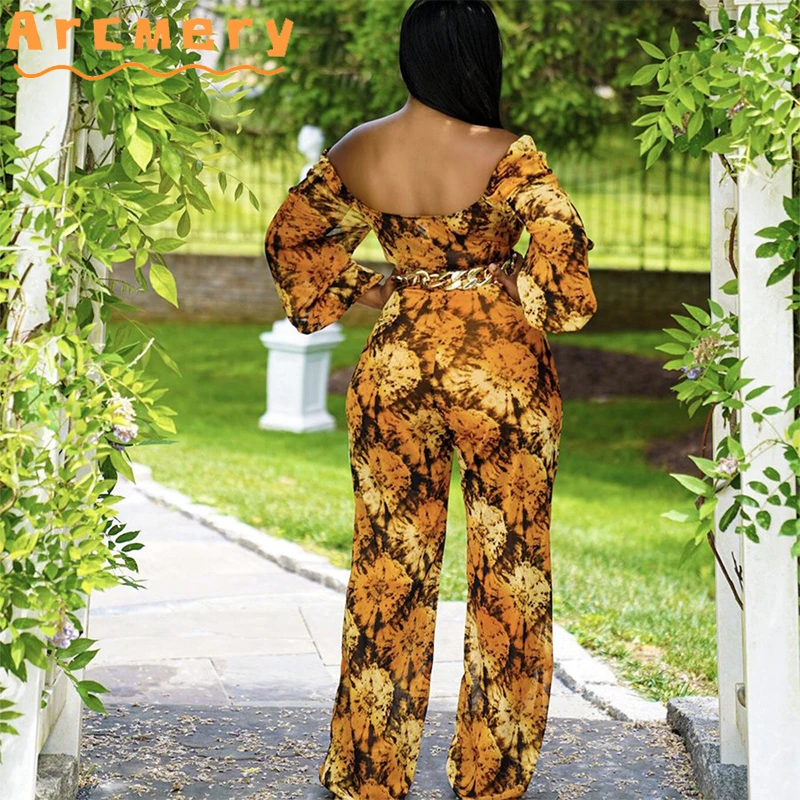 

Women Off Shoulder Long Sleeve Printed Wide Leg Jumpsuits