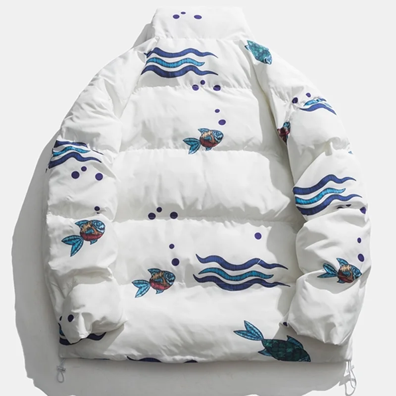 Aolamegs Winter Jacket Men Parkas Colorful Fish Painting Print Outwear Loose Warm Japanese Harajuku Thick Coat Couple Streetwear