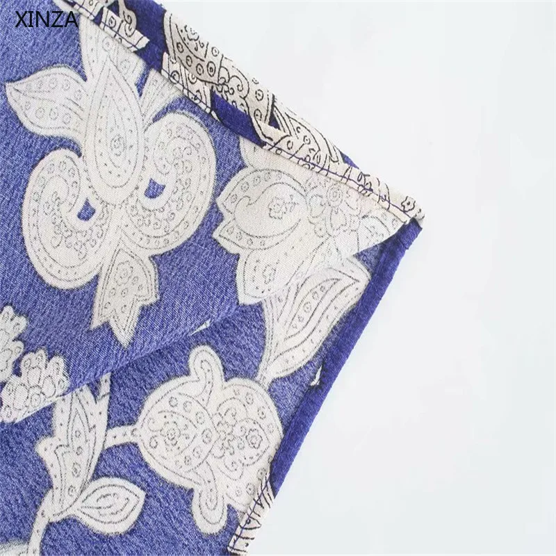 

2021 Za Women Blue Oversize Floral Print Midi Dresses Long Sleeve Ruffle Vintage Dress Woman Chic Plus Size Pleated Vestidos