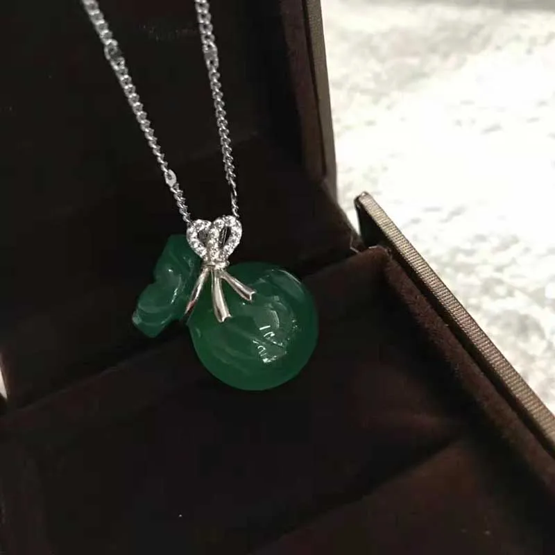 Кулон из натурального нефрита Серебряное ожерелье 925 пробы зеленый агат |