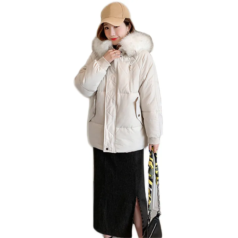 

Winter Coat Women Loose White Fur Collar Hooded Down Cotton Jackets Nice Pop Vogue Korean Thick Warmth Parkas Feminina LD1451
