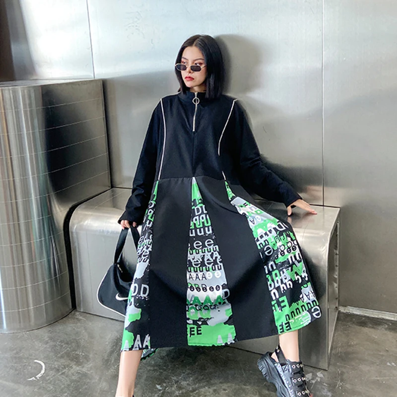 

CHICEVER Black Patchwork Dress For Women Stand Collar Long Sleeve Print Letter High Waist Hit Color Dresses Female 2021 Clothing