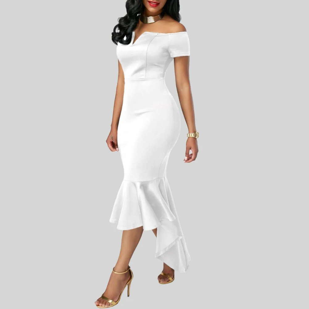 

Women Off Shoulder Short Sleeve Irregular Fishtail Hem Bodycon Cocktail Dress