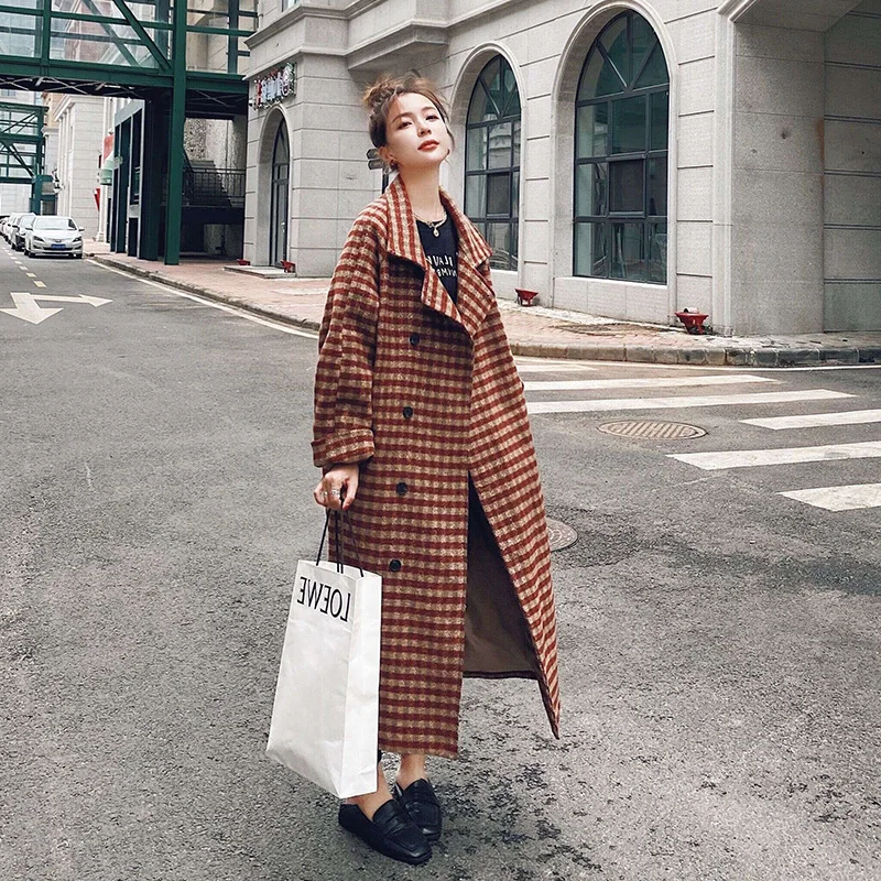 Шерстяное пальто в клетку Осень-зима 2020 Женская свободная двубортная верхняя