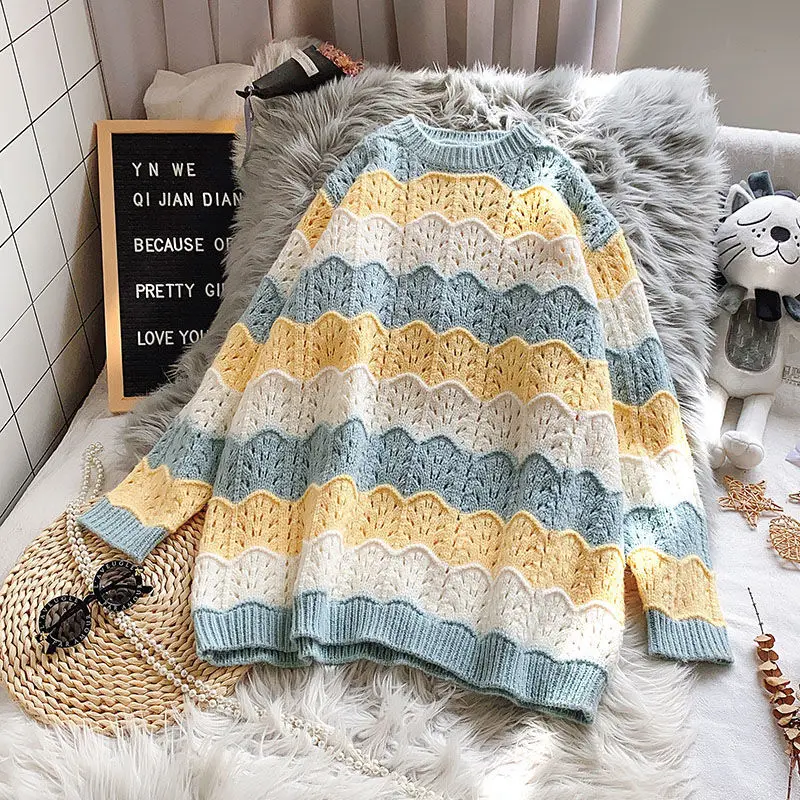 

2021 Autumn Winter Round Neck Thin section Hit Color Striped Long Sleeve Pullover Top Slim Fit Sweater Y286