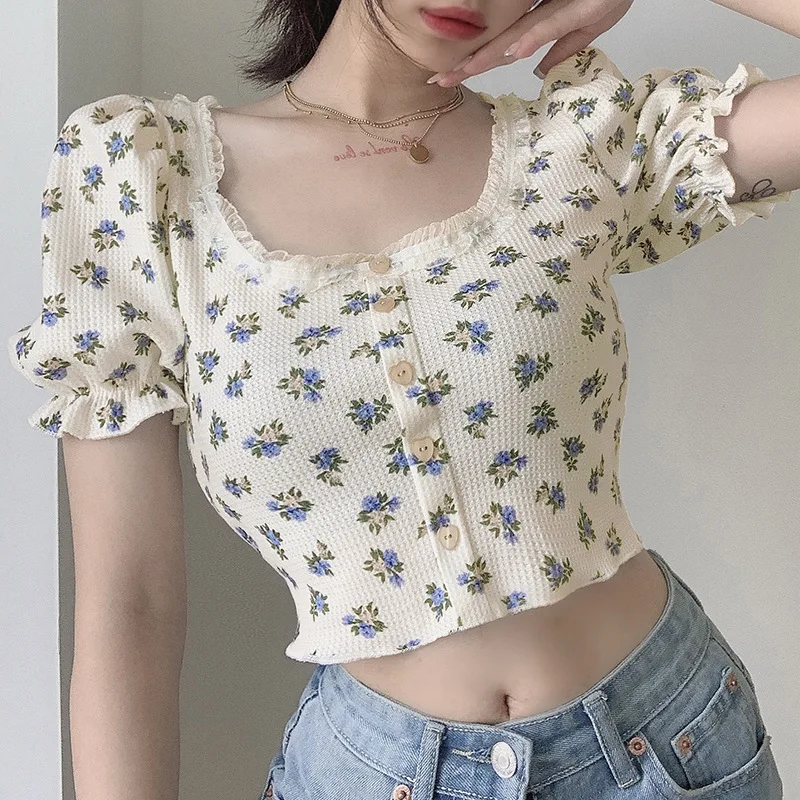 

Summer sweet floral fungus lace side square neck puff sleeve top women new style 2021 short umbilical T-shirt women