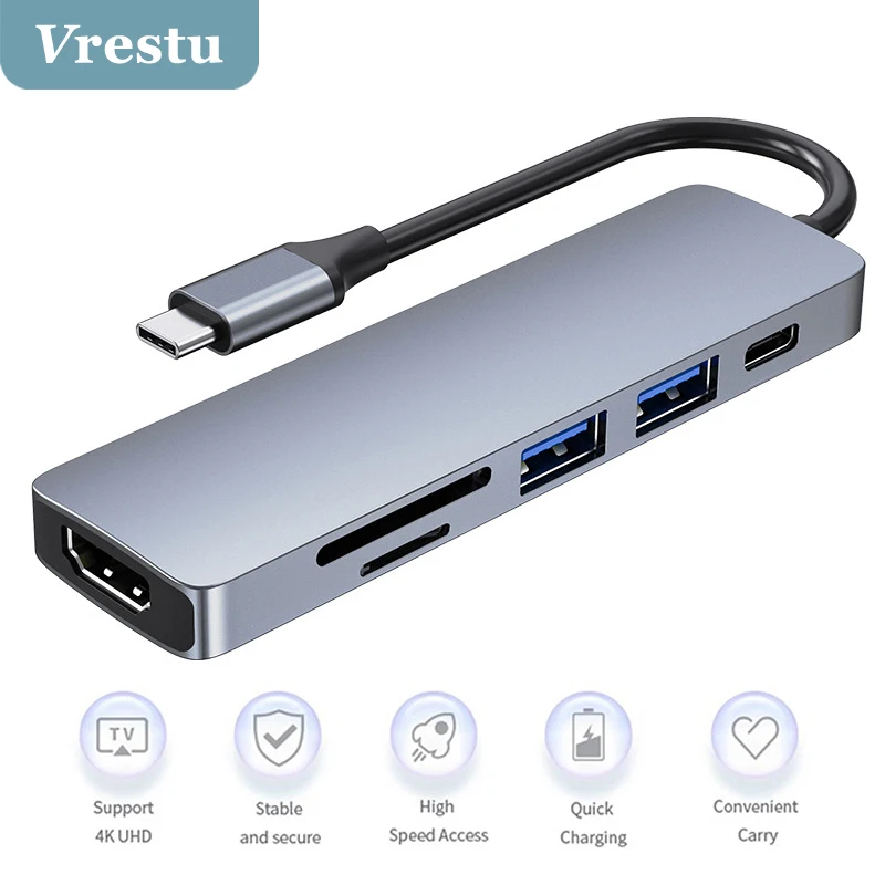 

USB-концентратор 5 в 1, USB Type-C, с портом 4K HD, USB 2,0, PD, зарядный многофункциональный адаптер, концентратор для MacBook Pro RJ 45