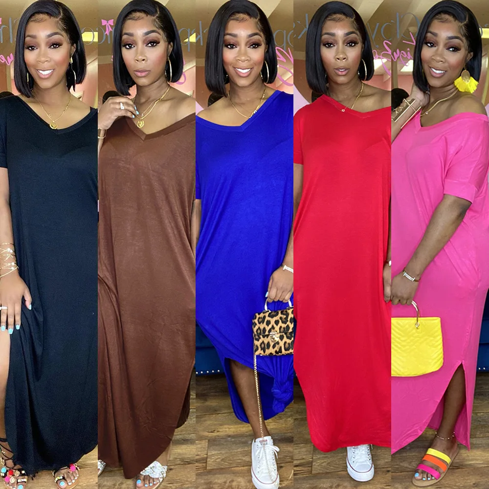 

Summer Women Plus Size Loose Long Dress Fashion Casual v-neck Pocket Short-sleeved Long Street Split Dress Women