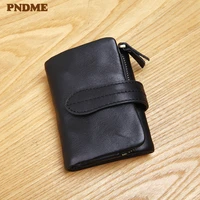 pndme first layer cowhide mini large capacity mens womens small wallet natural genuine leather student short black small purse