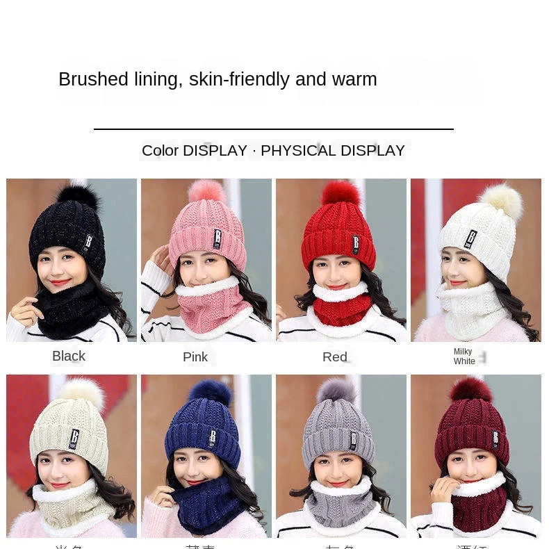 New Warm Women Hat Set Fashion Winter Hats For Woman Fur Lined Neck Warmer Cap Beanie Girls Pompom Knitted skull cap | Аксессуары для