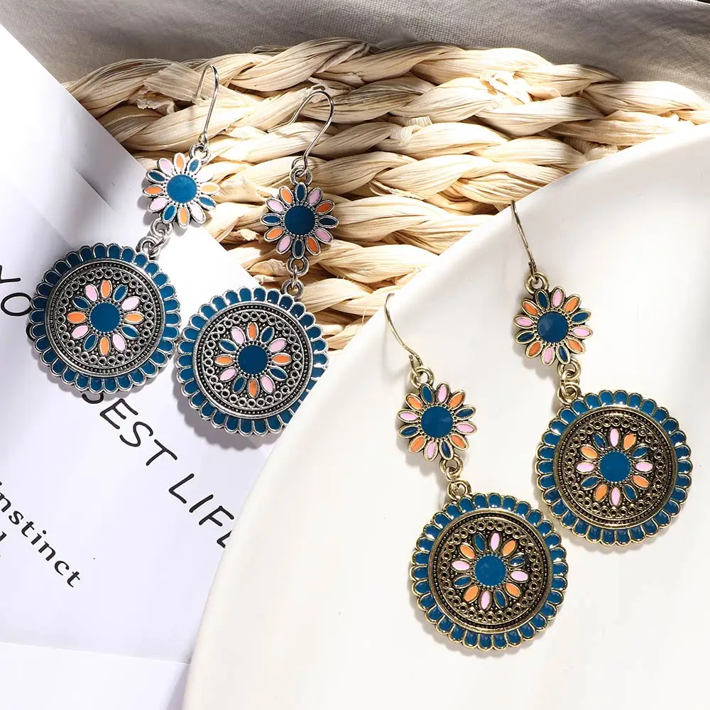 Винтажные этнические висячие серьги резные эмалированные Цветы женские