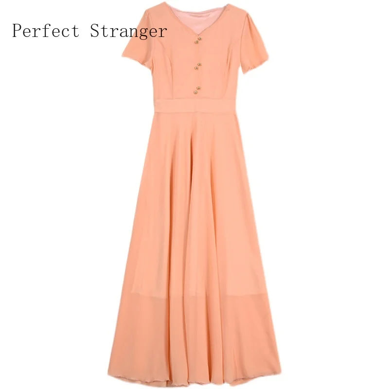 

2021 Spring Summer New Arrival Hot Sale V Collar Plus Size M-3XL Solid Color Short Sleeve Women Long Chiffon Dress
