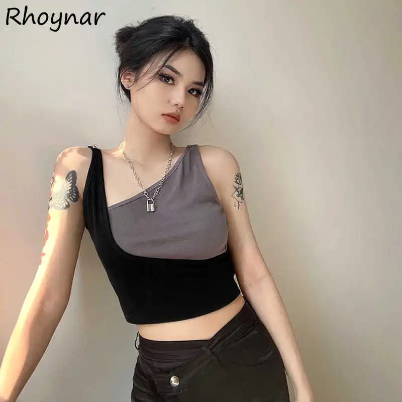 

Camis Women Gothic Vintage Patchwork Fashion Summer Diagonal Collar Bodycon Streetwear Club Harajuku Sexy Crop Tops Popular Y2K