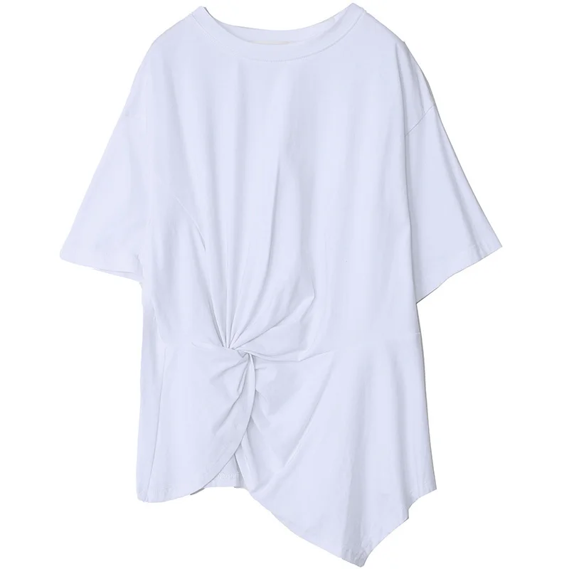 

[EAM] Women Casual Brief Irregular White Knot T-shirt New Round Neck Short Sleeve Loose Fashion Tide Spring Summer 2021 1DD8035