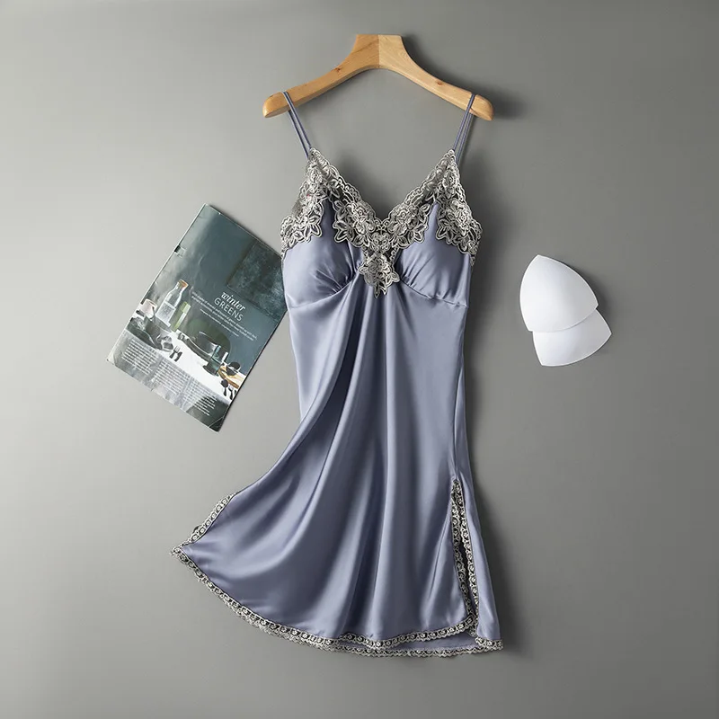 

Satin Split Spaghetti Strap Sleepwear Sexy Lace Nightgown Women V-neck Sleep Dress Femme Nightdress Summer Mini Home Dress
