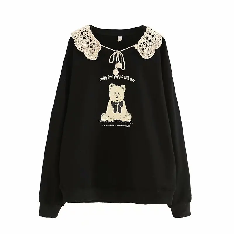2021 NEW Spring Fake Collar Black Kawaii Bear Print Pullover Women Sweatshirt Student Harajuku Hoodies Girls Tracksuit 2012455