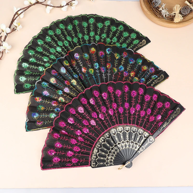 

Silk Fan Folding Fan Wedding Art Gifts Peacock Sequin Dancing Fan Hand Held Fan