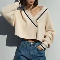 2021 autumn winter one button loose v neck cardigan women stripe long sleeve short sweater ladies casual knit jumpers coat