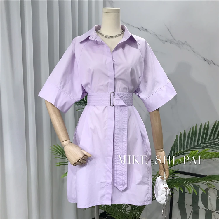 

2021 Summer New Gentle Solid Color Short Sleeve Loose Cotton Belt Shirt for Women Elegant Turn-downed Collar Shirt Dress