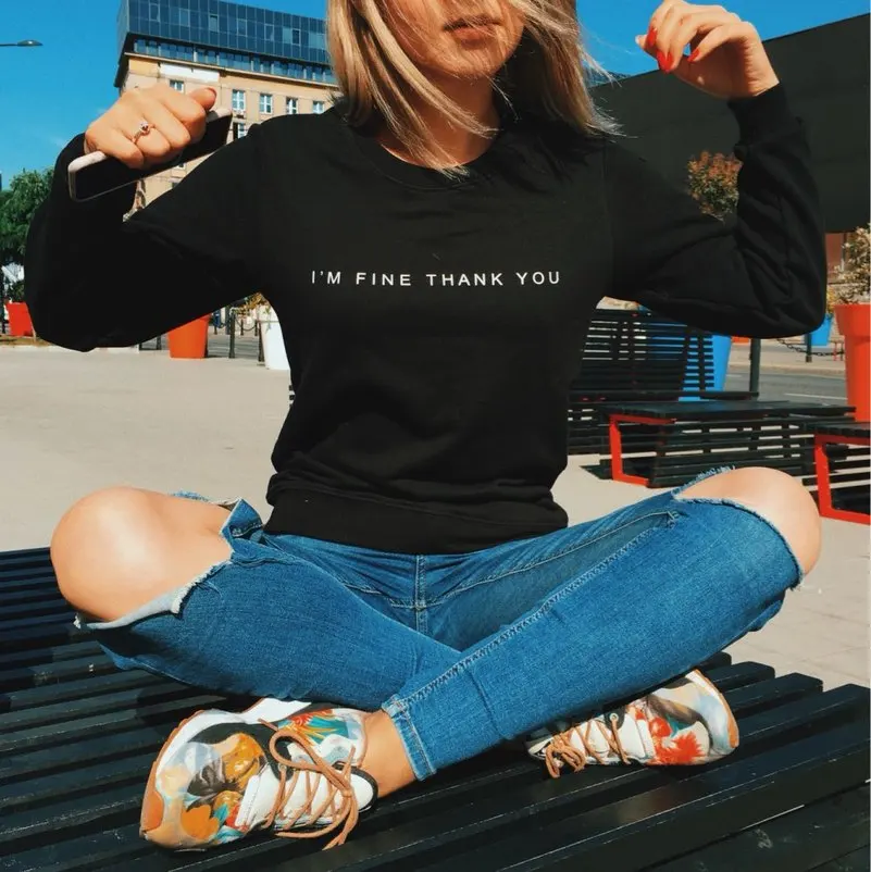 I'm Fine Thank You Hoodies Sweatshirts EuropeTops 2022 Women Casual Kawaii Harajuku Kpop Sweat Punk For Girls Clothing Korean