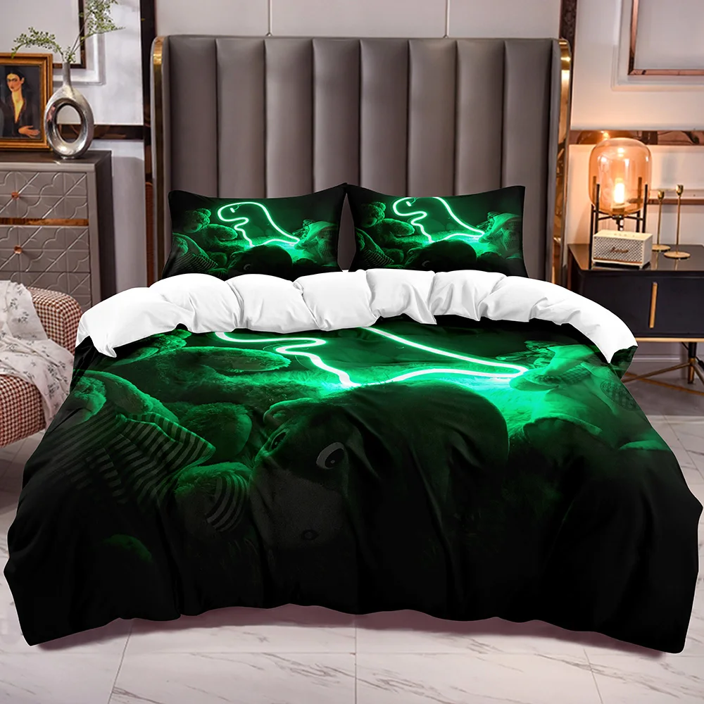 

Boys Girls Bedroom Decor Duvet Cover with Dolls Pattern Cute Green Dinosaur Print for Kids Bedding Comforter Cover with Zipper