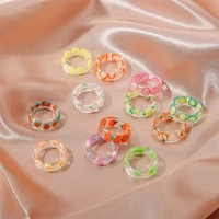 hocole 2021 korea colorful transparent fashion resin fruit ring geometric strawberry lemon pattern finger rings acrylic jewelry