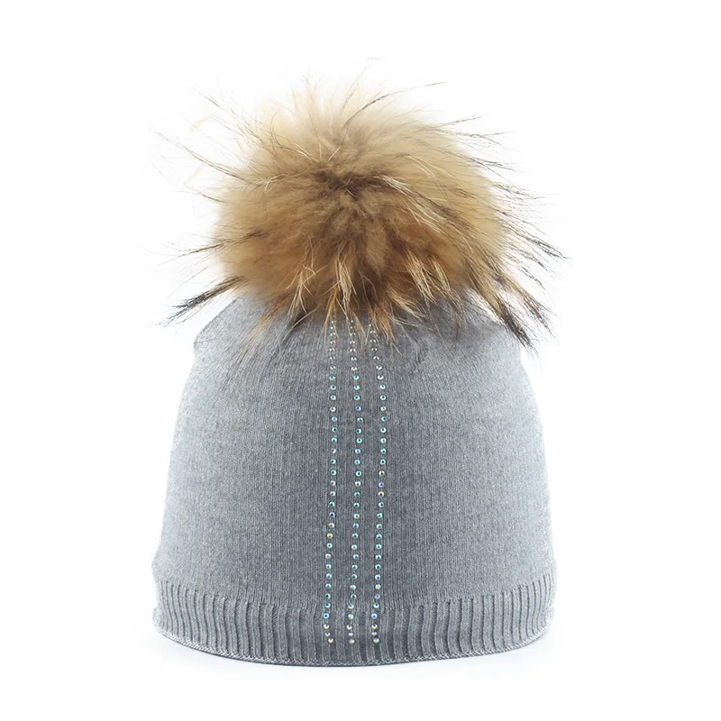 Hats For Girls Boys Lovely Rhinestone Real Fur Pompom Fashion High Quality Brand New Kids Caps Skullies Beanies | Аксессуары для
