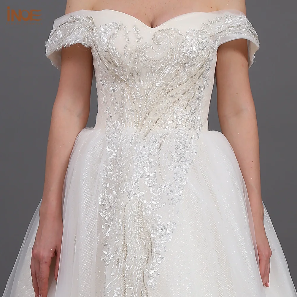 

INOE Fashion Women Sweetheart Strapless Long Wedding Dress Ball Gown Floor Length Organza Off shoulder Neckline Tulle Trumpet