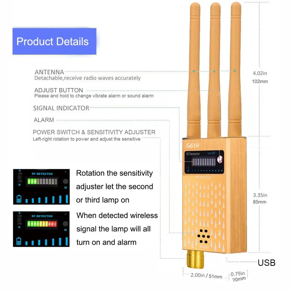 

Gold Hand-sized Super Sensitive Device Detector RF Frequency Scanner 2G 3G 4G Mobile Phone Signal Bug Detector