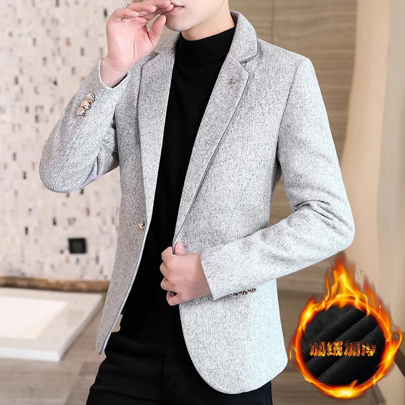 2021 Men's Fleece-Lined Thickened Woolen blazer Youth New Autumn and Winter Solid Color | Мужская одежда