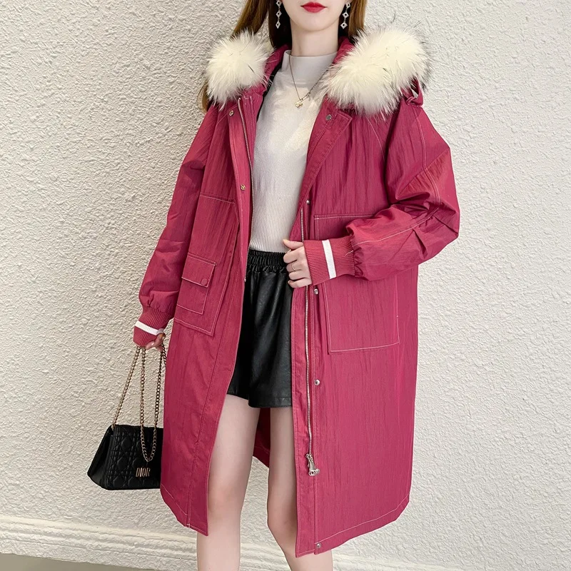 

Winter Rose Red Real Thick Warm Fur Parker Female Knee Long Detachable Rabbit Fur Liner Raccoon Fur Collar Hooded Women Coat