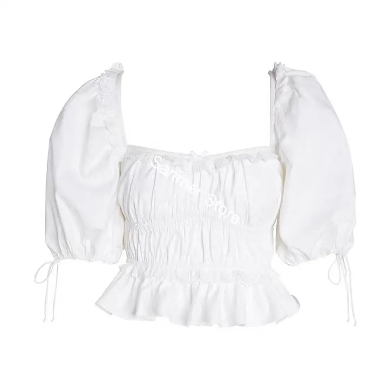 

Women Ruffled Lace-up Short Sleeve Blouse Retro Square Collar Puff Sleeve White Color Sweet Ladies Summer Short Shirt Summer